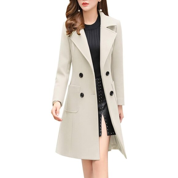 Women's White Elegant Notched Collar Double Breasted Wool Blend Over Coat - Picture 1 of 3